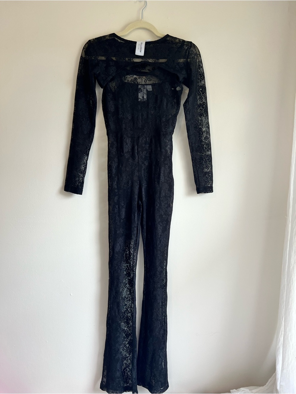 Women's Black Lace Sheer Jumpsuit with Cover up Matching Piece